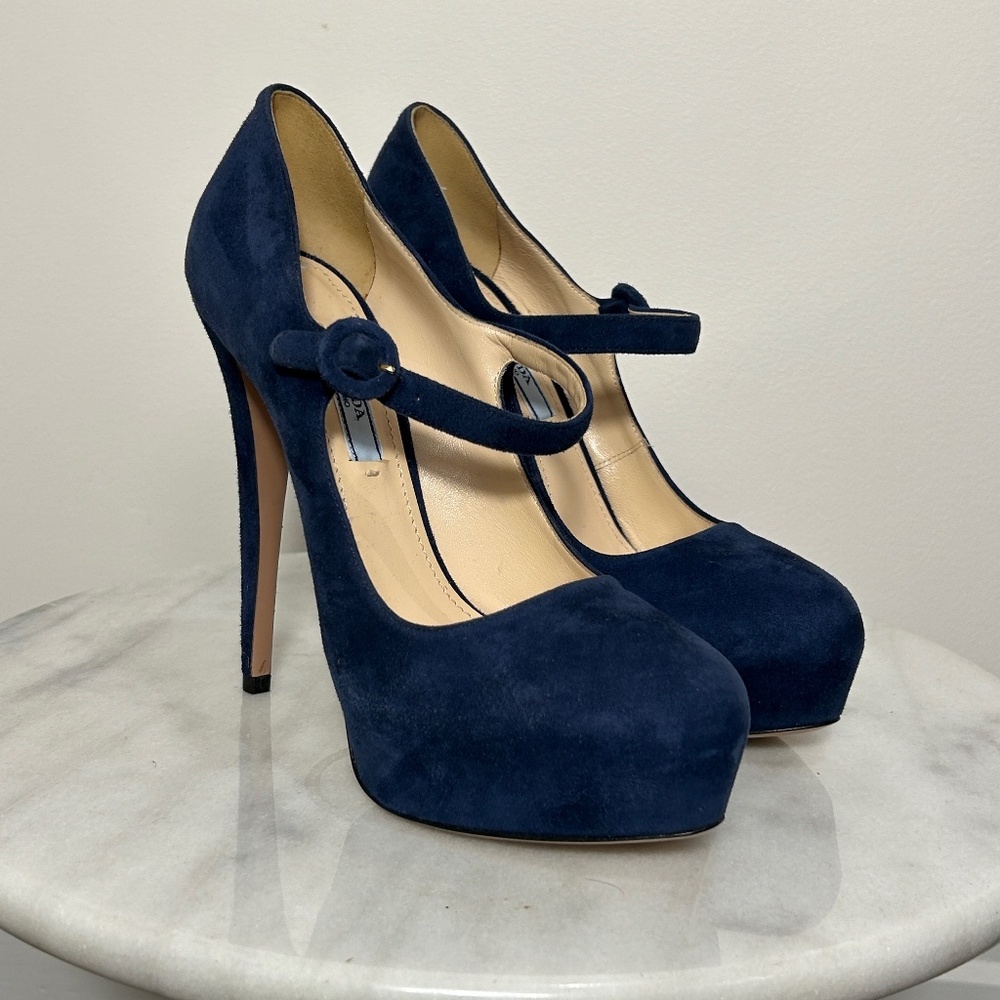 PRADA Blue Suede Mary Jane Heels